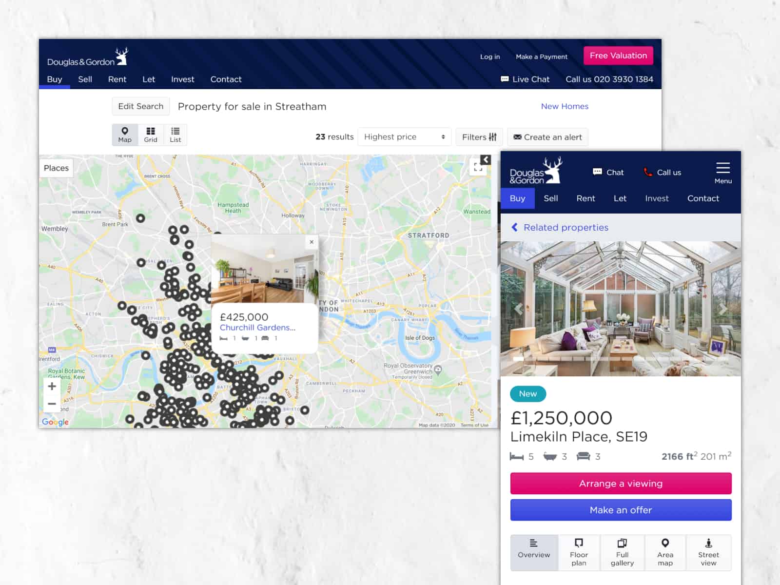 Screenshot of the search map view and property details